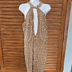 Fashion Nova Gold Pearl Embellished Dress